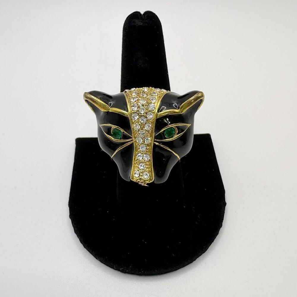 Panther Head Ring Rhinestone Black Enamel Gold Tone Green Eyes Statement Chunky